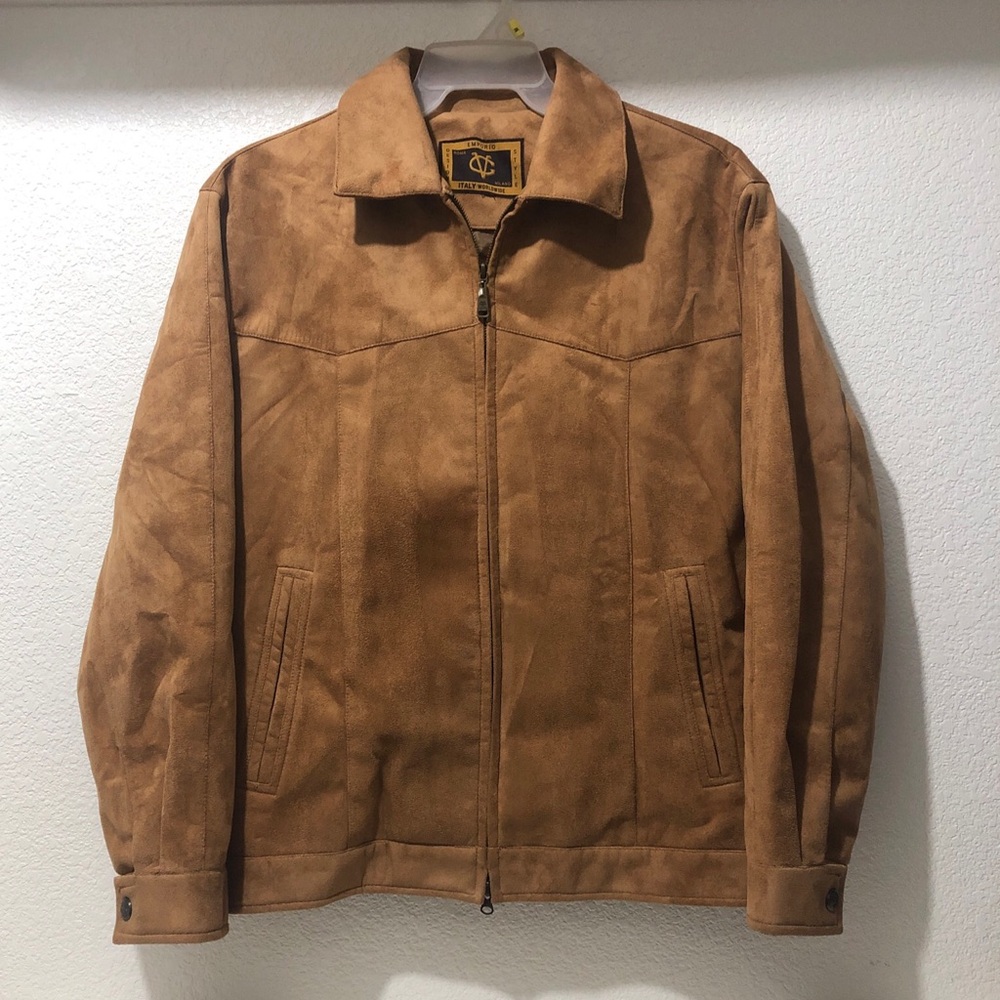 Emporio Italy Jacket Men L Tan Faux Suede Collared Cuffed Zip Lined Business